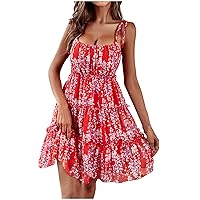 Summer Tie Strap Dress for Women Hawaiian Square Neck Mini Dress Floral Sleeveless A Line Sundress Swing Pleated Tiered Dress