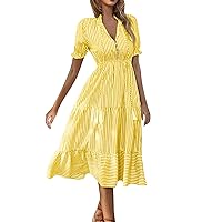 Women's Summer Dresses 2024 New Striped V-Neck Elastic Waist Short Sleeve Swing Dress Spring, S-2XL