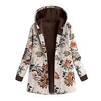 Womens Jackets Coats Boho Flowers leaves Floral Print Fleece Lined Hooded Warm Loose Winter Plus Size