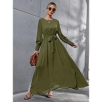 Dresses for Women - Solid Belted Maxi Dress (Color : Army Green, Size : Large)