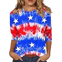 HTHLVMD Independence Day Blouse Teen Girls Plus Size 3/4 Sleeve Beautiful Dressy Pleated Crop Comfort Patriotic Crew Neck Cotton Loose Fit Crop Women Deep Red