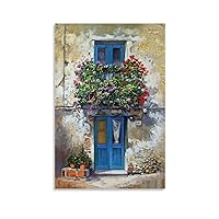 Old Mediterranean Town Street Flower Gate Boat Painting Old European House Architecture Canvas Wall Art Prints for Wall Decor Room Decor Bedroom Decor Gifts 08x12inch(20x30cm) Unframe-Style