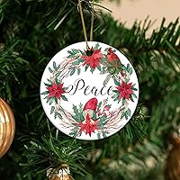 Personalized 3 Inch Peace Merry Christmas Memories Love Bird Floral Leaf Wreath White Ceramic Ornament Holiday Decoration Wedding Ornament Christmas Ornament Birthday for Home Wall