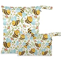 visesunny Honey Bee Kids Seamless Pattern Cute Bumble 2Pcs Wet Bag with Zippered Pockets Washable Reusable Roomy for Travel,Beach,Pool,Daycare,Stroller,Diapers,Dirty Gym Clothes, Wet Swimsuits, Toile