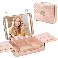 Kalolary Travel Makeup Train Cases with Lighted Mirror 3 Color Setting, Makeup Bag Cosmetic Case Organizer Adjustable Brightness Portable Makeup Storage Box For Makeup Brushes Accessories Tools,Pink
