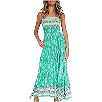 YZHM Women's Summer Dress Strapless Maxi Dress Bohemian Tube Top Sundress Swing A-Line Dress Ruched Tiered Dress Beach Dress