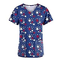 Juniors Tops USA Flag Graphic Blouses for Women Short Sleeve V Neck Work Scrub Summer Fall Shirts 2024 Trendy
