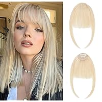 Clip in Bangs 100% Real Human Hair Extensions Clip on Wispy Bangs for Women Fringe with Temples Hairpieces 613 Blonde Color