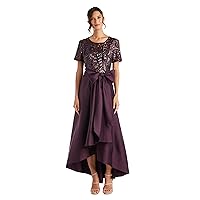 R&M Richards Women's High-Low Satin Dress with Bow at Waist and Sequins