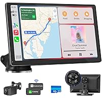 9'' Wireless Apple Carplay Screen & Android Auto with 4K Dash Cam, Portable Car Stereo, 1080P Backup Camera, GPS Navigation, Car Audio Receivers Bluetooth, Mirror Link, Voice Control,AUX,FM