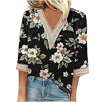 V Neck Shirts for Women 3/4 Length Sleeve Lace Tops Dressy Casual Work Blouses 2024 Summer Tunics Trendy Clothes