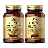 SOLGAR Folate 1,333 mcg DFE (800 mcg Folic Acid) - 250 Tablets, Pack of 2 - Heart Health, Prenatal Support - Non-GMO, Vegan, Gluten Free, Dairy Free, Kosher - 500 Total Servings