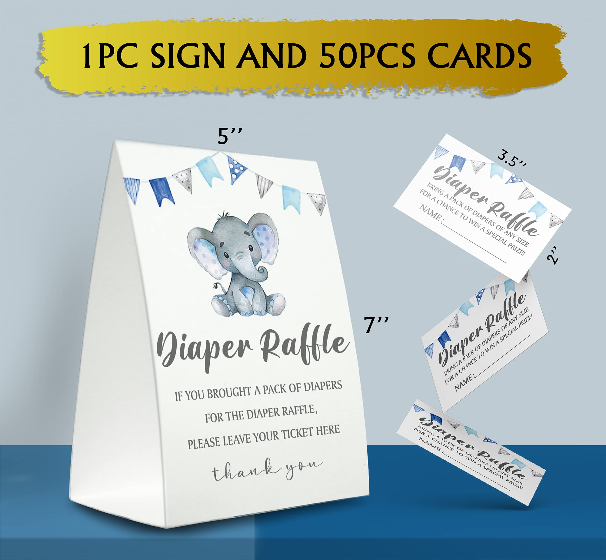 Diaper Raffle Sign,Diaper Raffle Baby Shower Game Kit (1 Standing Sign + 50 Guessing Cards),Elephant Bunting Raffle Insert Ticket,Baby Showers Decorations-N05