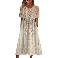 Plus Size Dress for Women,Trendy Formal Elegant Flowy Short Sleeve Smocked Dress Summer Casual Sexy Midi Dress
