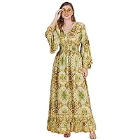 Bell Sleeve Maxi Dress for Women - V Neck Casual Button Down Printed Flowy Dress Sleeve with Frill, Pack of 03 Multicolor