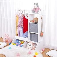 Kids Dress Up Storage with Mirror for Kids,Kids Armoire Fabric Storage Drawers, Open Costume Closet with Hanging Rack for Toddlers,Features Light, Mirror, Clothing Rack, and Storage Bin,White