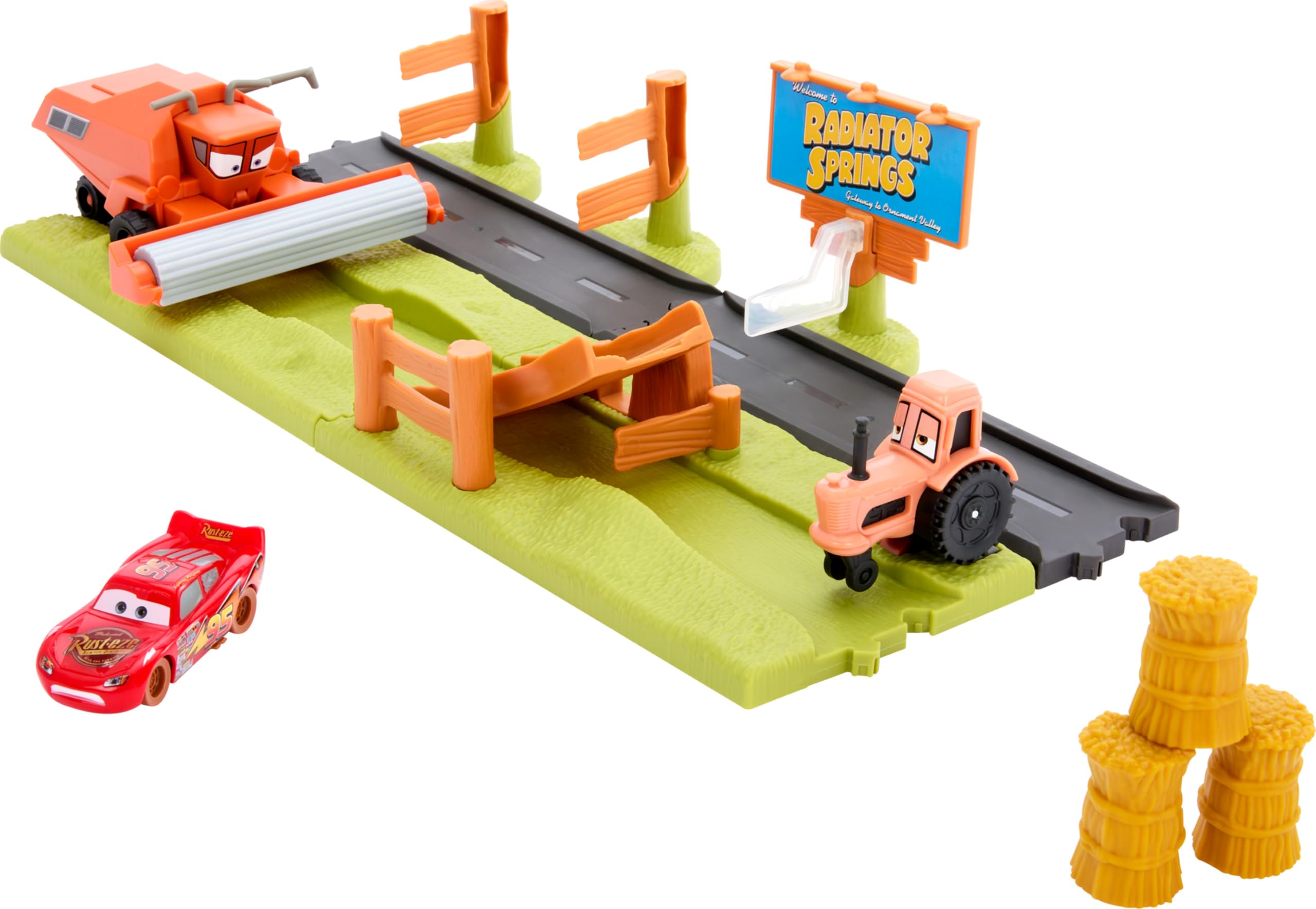 Mattel Disney and Pixar Cars Playset with 3 Toy Vehicles & 2 Ways to Play, Frank Escape & Stunt Race Playset Includes Lightning McQueen