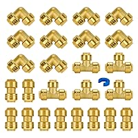SUNGATOR Plumbing Fittings 1/2 Inch, Coupling(10 PCS), 90 Degree Elbow Fitting(10 PCS), Tee Fitting（5 PCS), No Lead Brass Push Fittings 1/2 Inch for Pex,Copper,CPVC, with 1 Disconnect Clip, Pack of 25