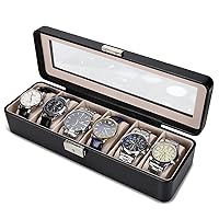 BareTulip Watch-Box Organizer for Men and Women: Watch-Case Holder 6-Slot Watch Box Pu-Leather Watch-Display with Glass Window and Lock Black