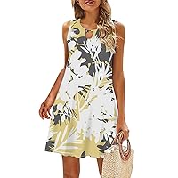 Boho Floral Print Summer Dresses for Women 2024 Trendy Cover Up Crew Neck Sleeveless Sundresses with Pockets