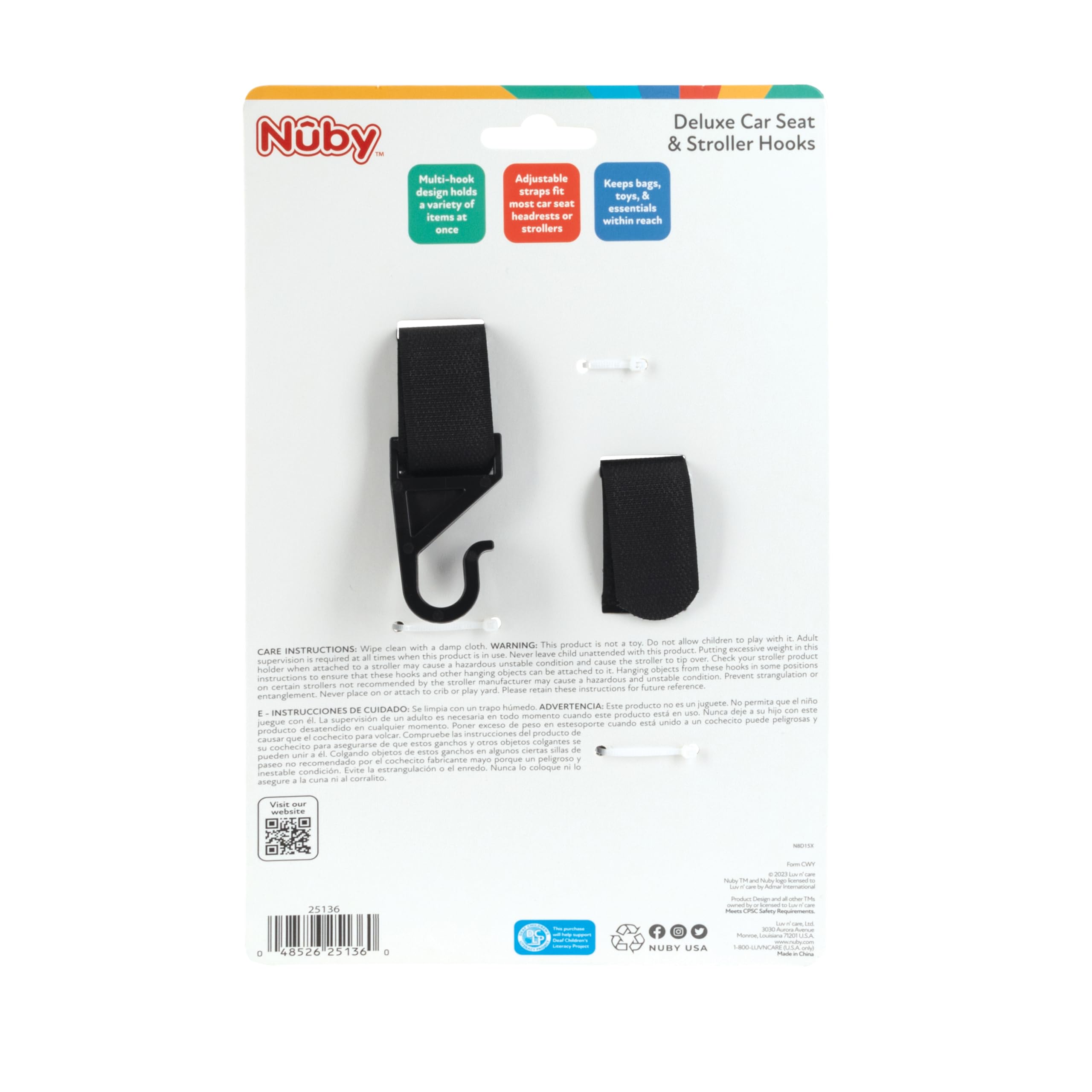 Nuby 2-in-1 Deluxe Adjustable Baby Stroller & Car Seat Hooks for Hanging Bags, Toys- Hang or Remove Items from Hooks with one Hand/ 2 Pack – 8 Hooks Total, Black