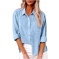 Womens Cotton Button Down Shirt Casual Long Sleeve Loose Fit Collared Linen Work Oversized Blouse Tops with Pocket Light Blue