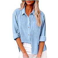 Womens Cotton Linen Button Down Shirts 2024 Casual Long Sleeve Tops Solid Color Shirts Loose Work Blouses with Pockets