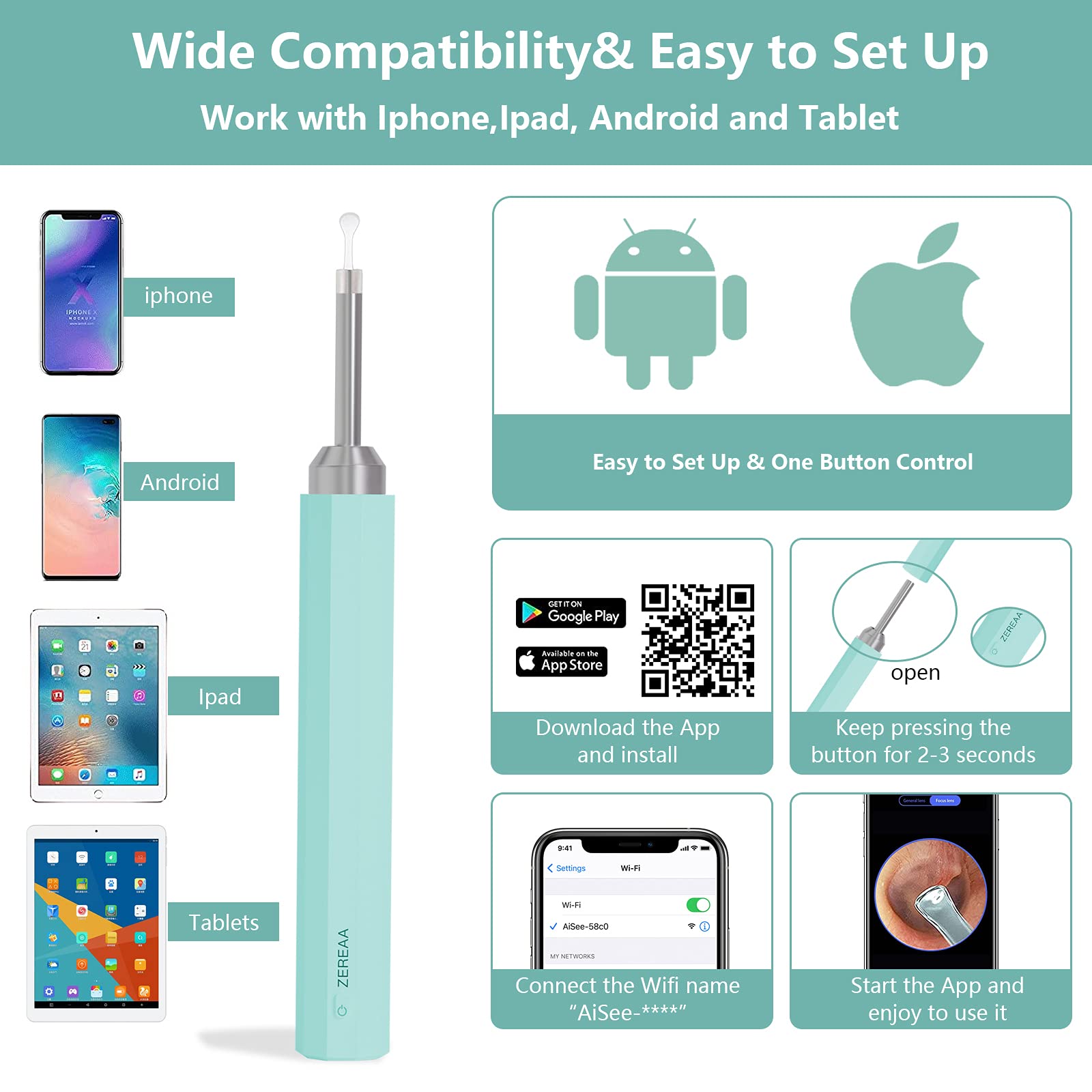 Ear Wax Removal, Ear Cleaner, Earwax Remover Tool with 1080P FHD, Wireless Endoscope Ear Camera Ear Pick Cleaning Kit, USB Charge Waterproof Otoscope for iPhone, iPad & Android Smart Phones