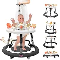 Baby Walker, Baby Walker with Wheels & 4 Heights Adjustable, Foldable Baby Walker Include Musical Toy Tray and PVC Pedals, Baby Walkers for Babies 6-18 Months