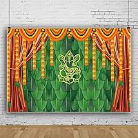 7x5ft Vinyl Indian Pooja Backdrop Marigold Green Banana Leaf Puja Ganpati Traditional Mehndi Festival Background for Wedding Party Decorations Photo Booth Props