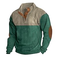 Mens Corduroy Shirts Vintage Lapel Collar Button Up Pullover Long Sleeve Mock Neck Sweatshirt With Elbow Patches