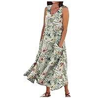 Tops for Women Casual Spring Sleeless Round Neck Hem Loose Fitting with Pockets Patterned Linen Plus Size Dresses