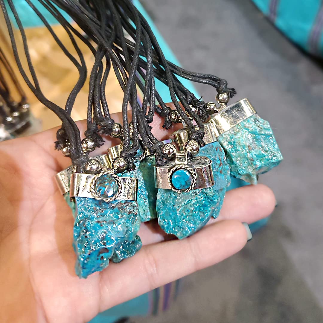 Mia Jewel Shop Natural Raw Rough Healing Gemstone Crystal Pendant Silver Metal Chrysocolla Adjustable Necklace - Womens Fashion Handmade Jewelry Boho Accessories (Teal Dark Chrysocolla)