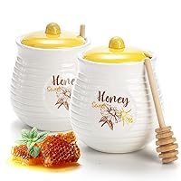 Coloch 2 Pack Ceramic Honey Pot with Wooden Dipper, 12oz Honey Jar Serving Set Decorative Honey Dispenser for Bridal Shower Favor, Baby Shower Favor, Wedding Favor & Home Kitchen