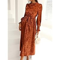 Dresses for Women - Jacquard Shirred Lantern Sleeve Frill Neck Belted Dress (Size : Small)
