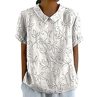 Womens Linen Tops Plus Size Graphic Blouses Dressy Casual Short Sleeve Going Out Casual Summer Trendy 2024 Collared Shirt