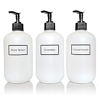 Silkscreened Empty Shower Bottle Set for Shampoo, Conditioner, and Body Wash, Squat 16 oz 3-Pack, White (Black Pumps)