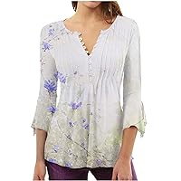 Plus Size Summer Tops for Women 2024 Trendy Marble Printed 3/4 Sleeve T-Shirts Casual V Neck Button Down Blouses