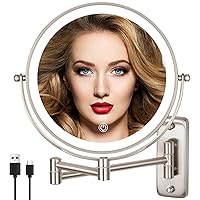 ALHAKIN 9 Inch Rechargeable Wall Mounted Lighted Makeup Mirror, Double Sided 1X/10X Magnifying Bathroom Mirror with 3 Color Lights, Touch Screen Dimmable 360° Swivel Light Up Mirror, Nickel