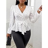 Women's Tops Women's Shirts Sexy Tops for Women Random Heart Print Surplice Neck Belted Blouse (Color : White, Size : X-Small)