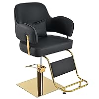 Tzou Salon Barber Chair with 17.5in Square Base, Heavy Duty Frame Beauty Barbering Chair, Max Load Weight 330 Lbs Adjustable Height 360° Rotation Swivel Chair (Golden Black) Golden Black As Shown