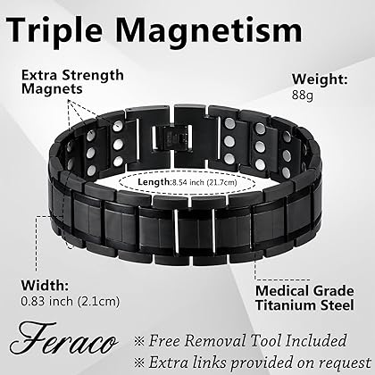 Feraco 3X Magnetic Bracelets for Men Titanium Steel Magnetic Bracelet with 3 Rows Magnets (Black)