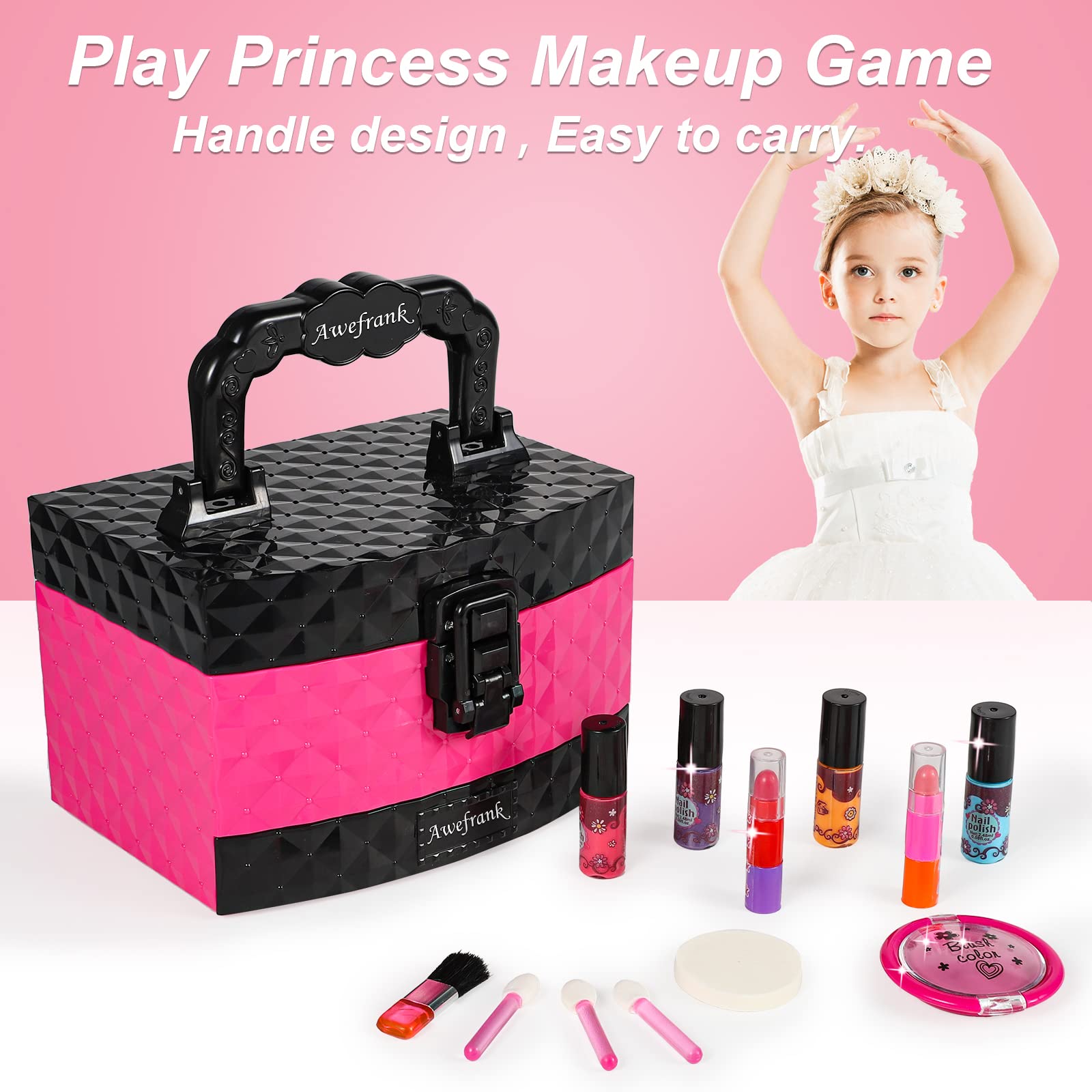 AWEFRANK Kids Makeup Kit for Girls Toys, Toddler Makeup Set, Real Safe & Non-Toxic & Washable for Endless Fun and Creativity, Perfect Princess Gift & Valentines Day Gifts for Ages 3-12