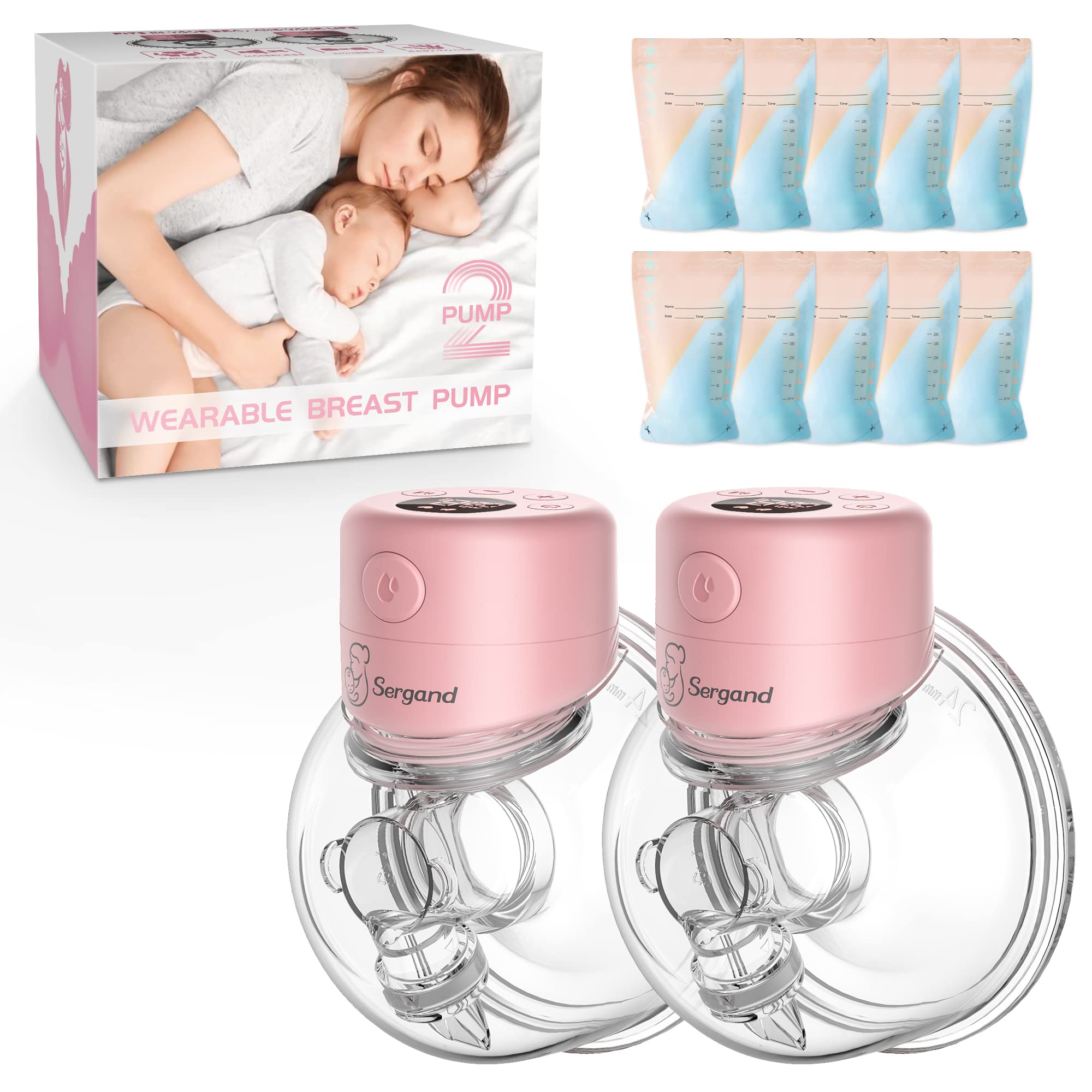 Wearable Breast Pump, 2 Modes & 9 Levels Electric Breast Pump Portable, Double Hands Free Breast Pump with 10 Pcs Milk Storage Bag, LCD Display, Low Noise & Painless, 24mm Flange, 2 Pack