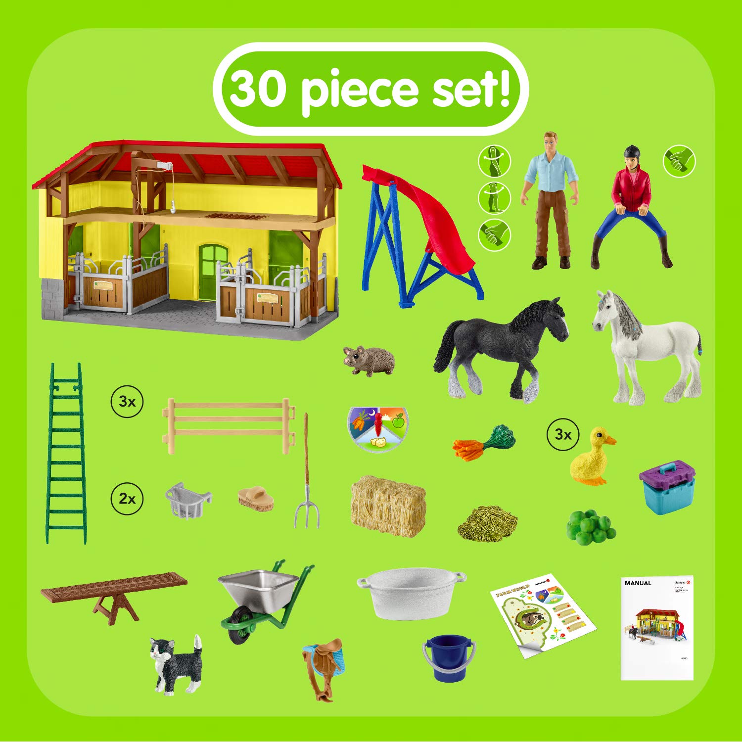 Schleich Farm World, 30-Piece Playset, Farm Toys and Farm Animals for Kids Ages 3-8, Horse Stable 10.5 x 49 x 34.5 cm