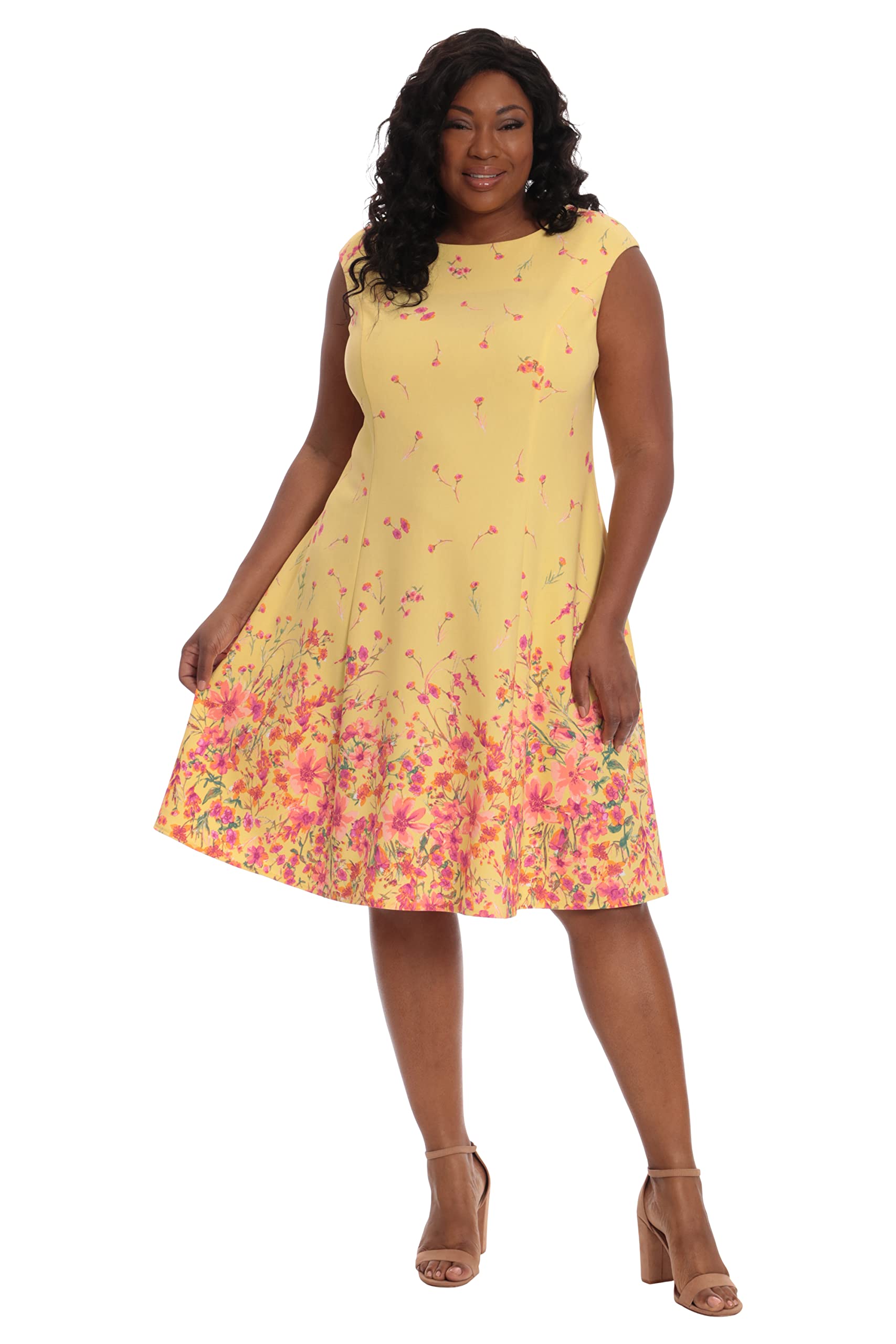 London Times Women's Floral Border Cap Sleeve Fit & Flare Dress