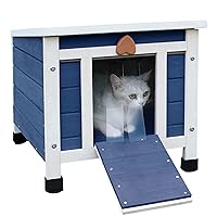 Cat House for Outdoor Cats, Weatherproof Feral Cat House, Wooden Outside Shelter for Cat, Rabbit and Small Pet Hutch-Navy Blue