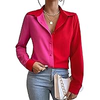 WDIRARA Women's Colorblock Button Up Shirt Collared Long Sleeve Blouse Top