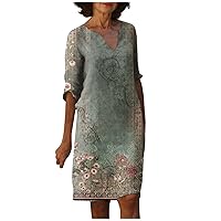 Spring Short Sleeve Pop Tunic Dress for Womens Park Mini Vneck Button for Ladies Slim Fit Print Cotton Comfortable Multi M