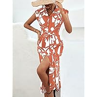 Dresses for Women Women's Dress Geo Print Batwing Sleeve Belted Shirt Dress Dresses (Color : Coral Orange, Size : Large)